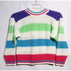 VINTAGE 80s KNIT WAVES Girls Sweater Colorful Rainbow  Kids Jr's USA
